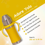 Adore Yolo! The 3 in 1 Wideneck Stainless Steel Feeding Bottle with Silicon Sleeve- 250ml - Yellow