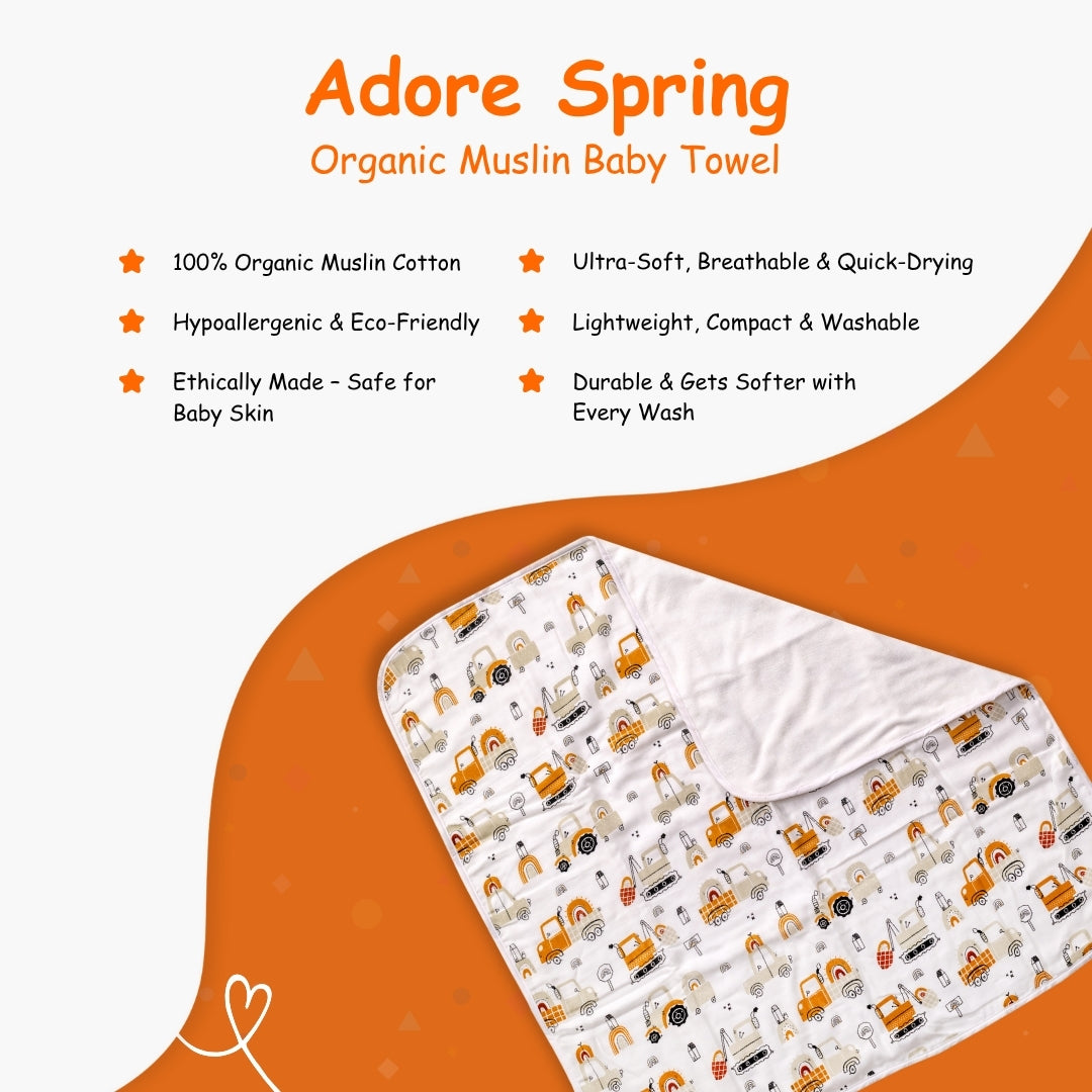 Adore Pro SPRING! The Premium Organic  Muslin Multipurpose Baby Towel cum Blanket - 75*75 cms - Transport Theme