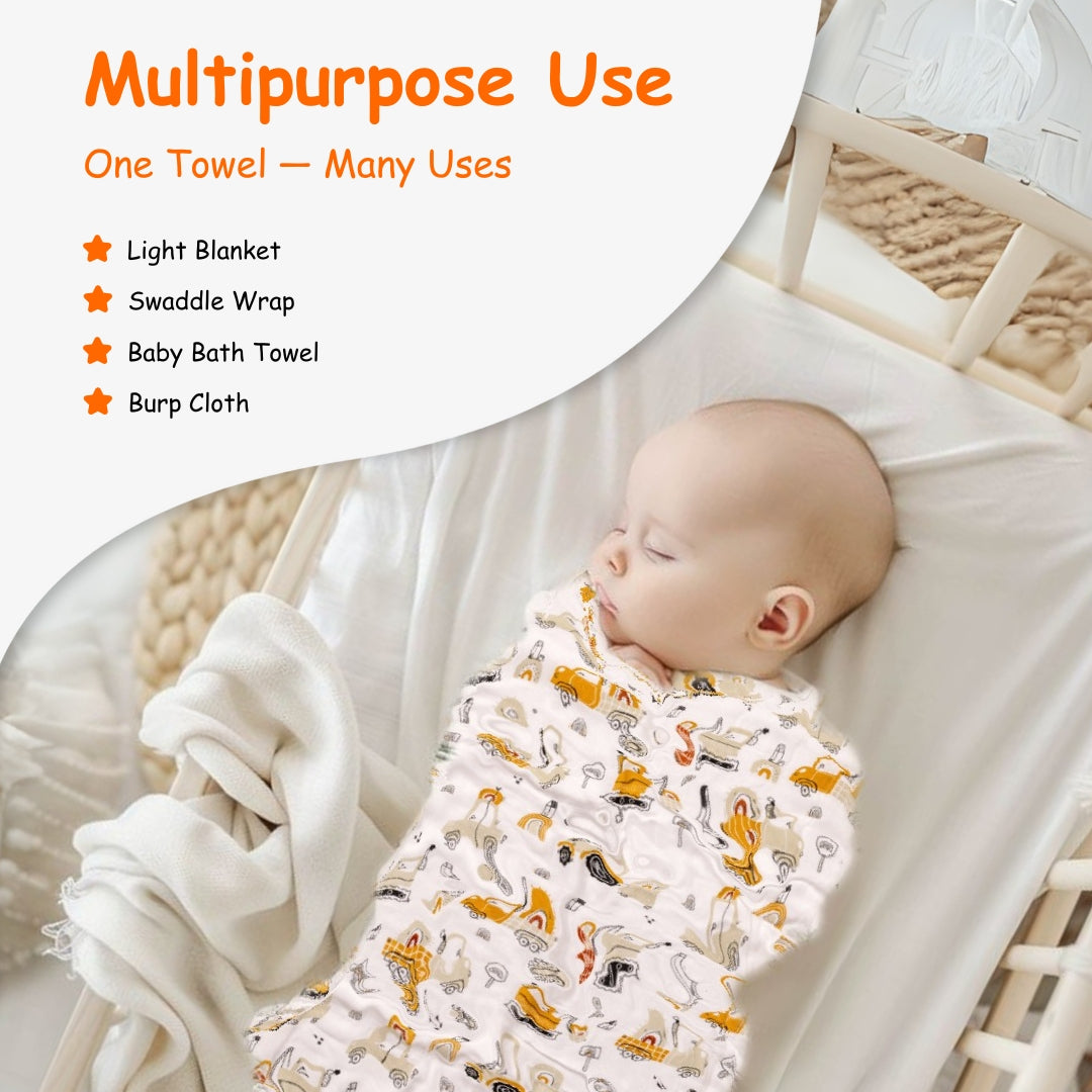 Adore Pro SPRING! The Premium Organic  Muslin Multipurpose Baby Towel cum Blanket - 75*75 cms - Transport Theme