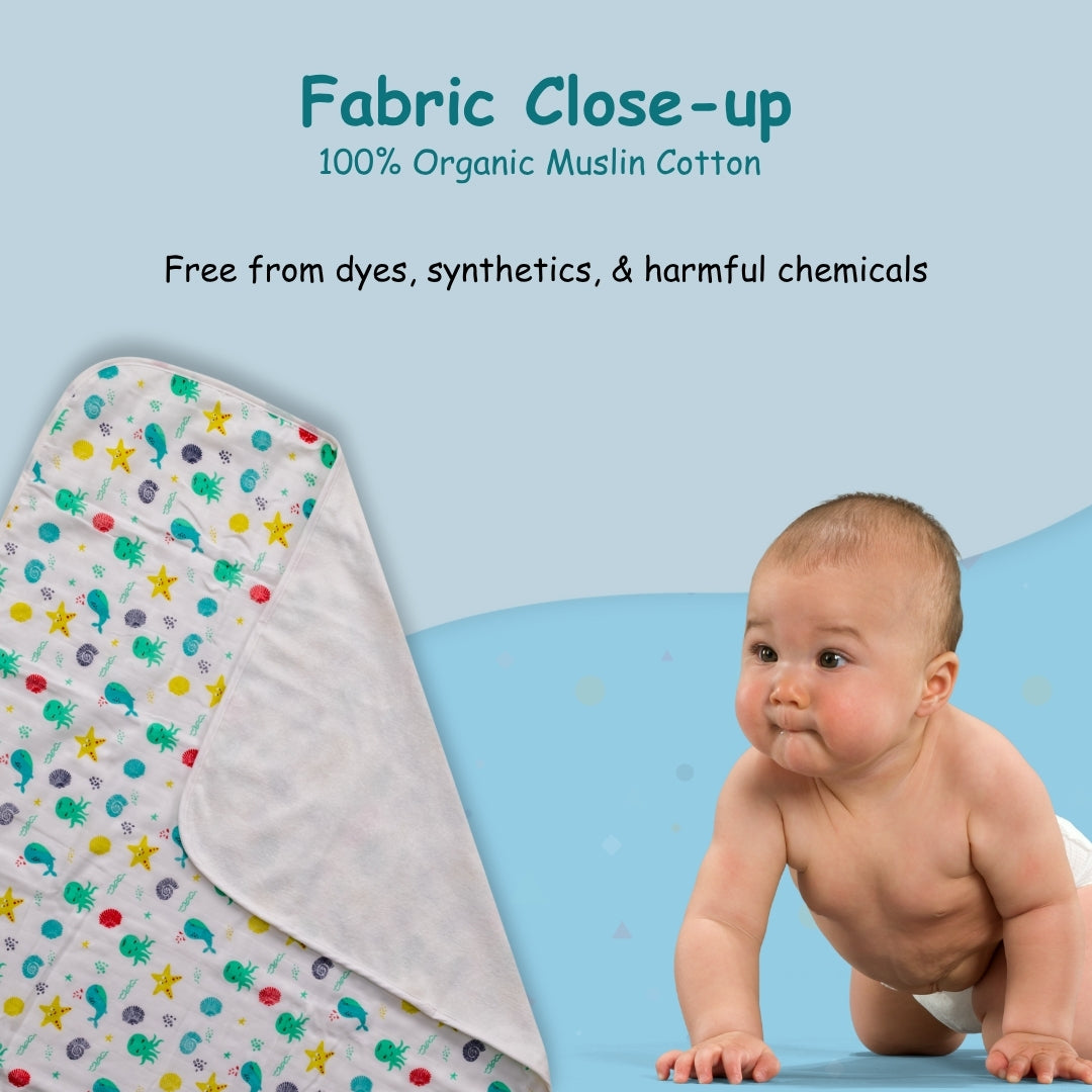 Adore Pro SPRING! The Premium Organic Muslin Multipurpose Baby Towel cum Blanket - 75*75 cms - Under Ocean Theme