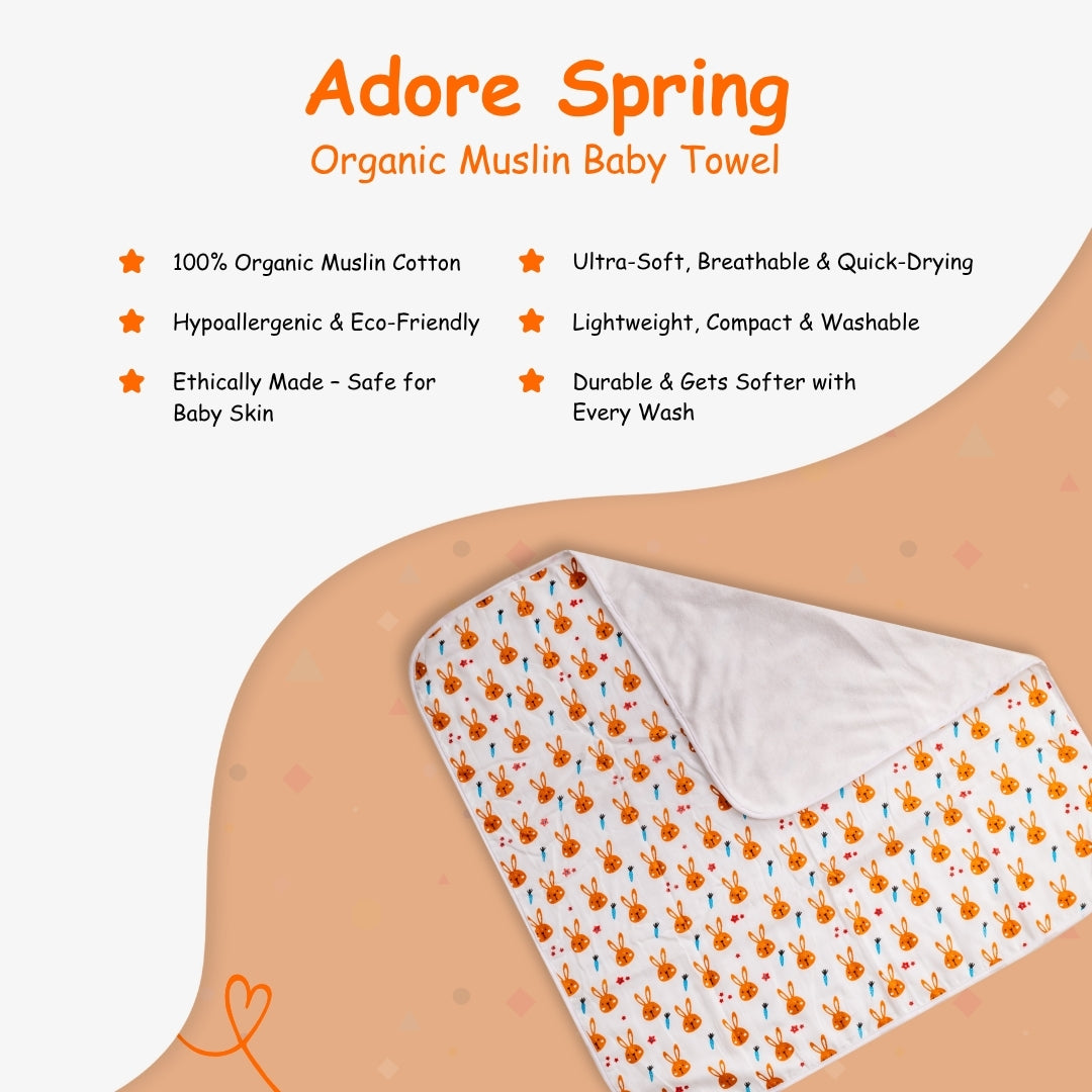 Adore Pro SPRING! The Premium Organic Muslin Multipurpose Baby Towel cum Blanket - 75*75 cms - Busy Bunny Theme