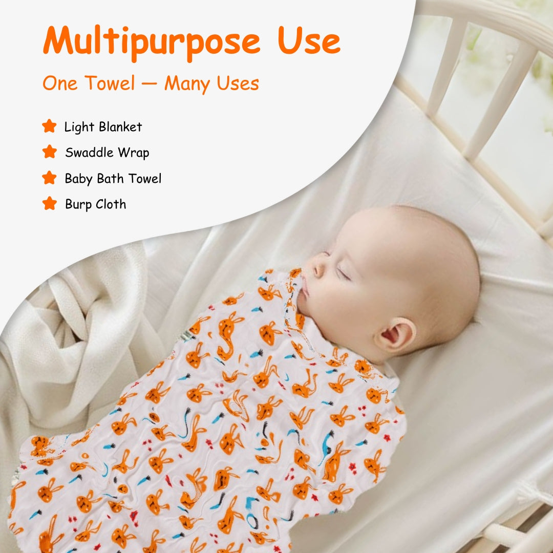 Adore Pro SPRING! The Premium Organic Muslin Multipurpose Baby Towel cum Blanket - 75*75 cms - Busy Bunny Theme