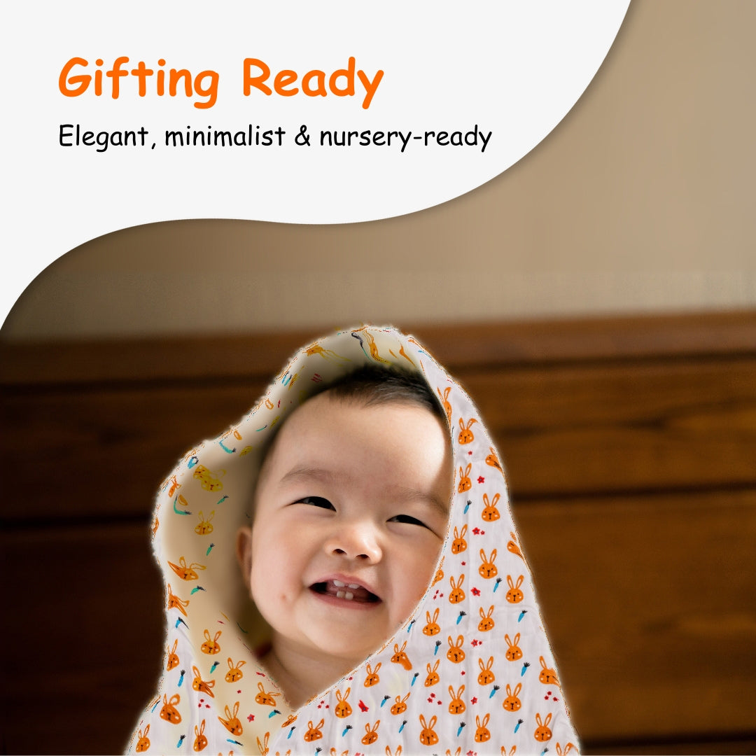 Adore Pro SPRING! The Premium Organic Muslin Multipurpose Baby Towel cum Blanket - 75*75 cms - Busy Bunny Theme
