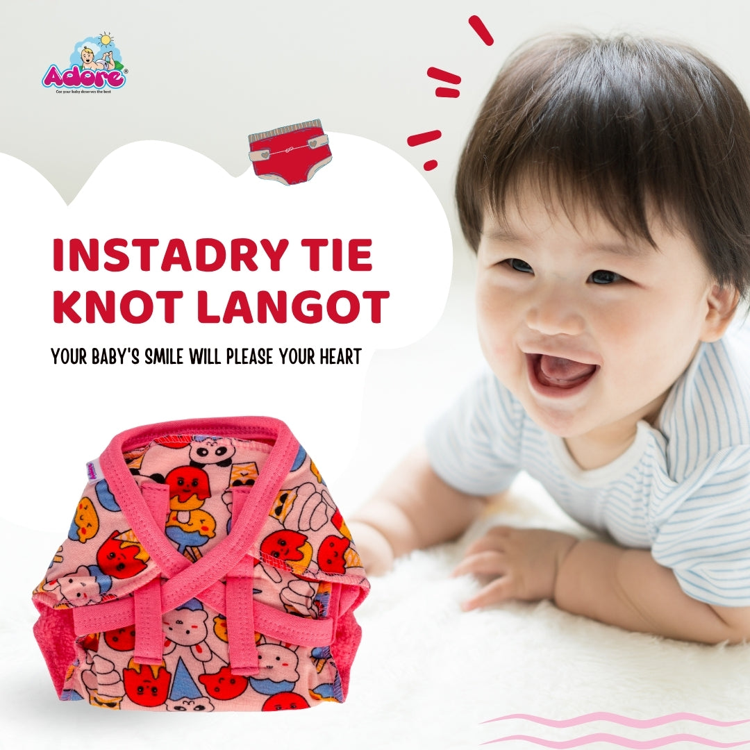 Adore Insta Dry Baby Cloth Tie Knot Langot/ Nappies/ Langota - Holds up to 2* Pees- 4-8 months Pink Candy
