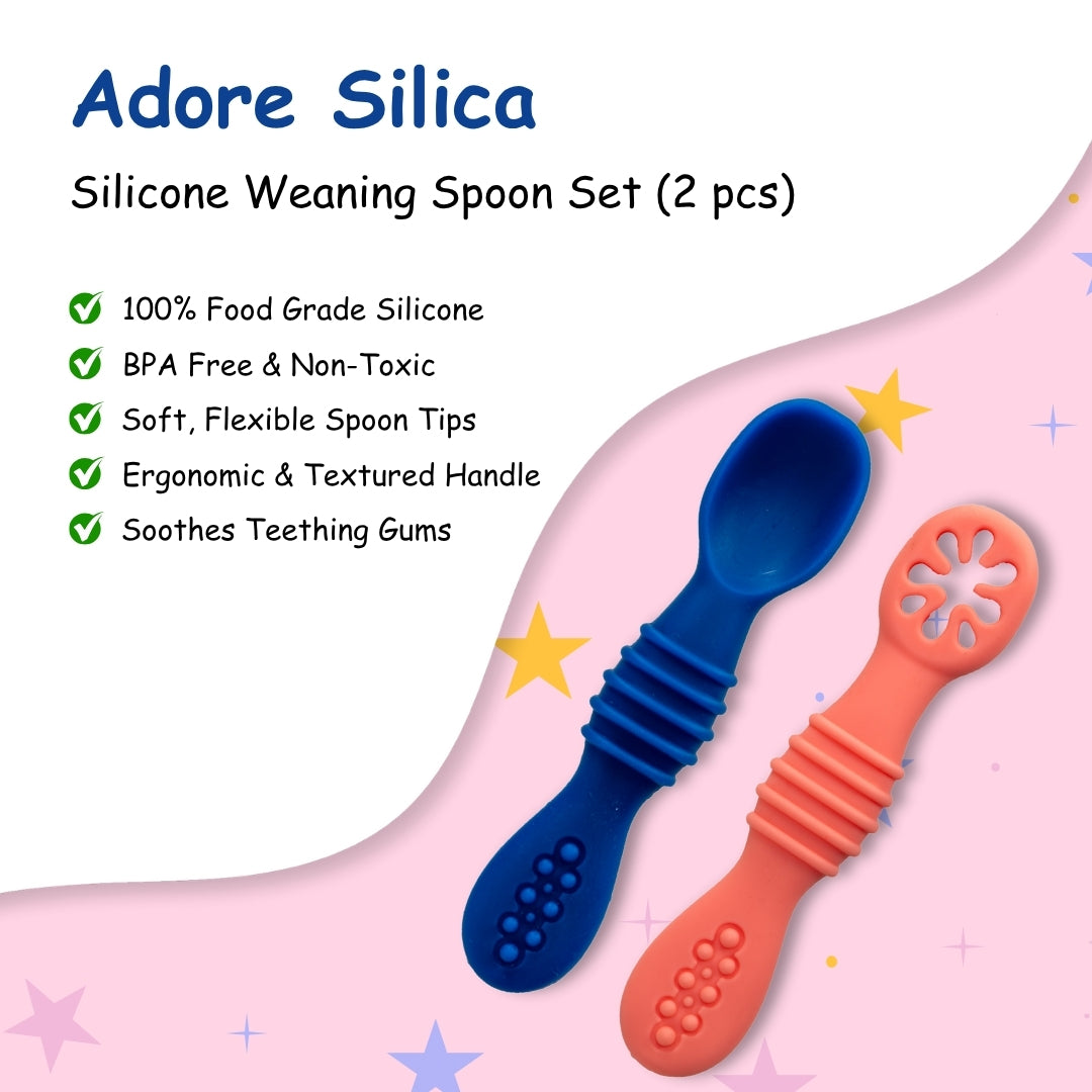 Adore SILICA - The Trainer Silicon Weaning Feeding Spoon Set- Pack of 2( Magenta+Blue)