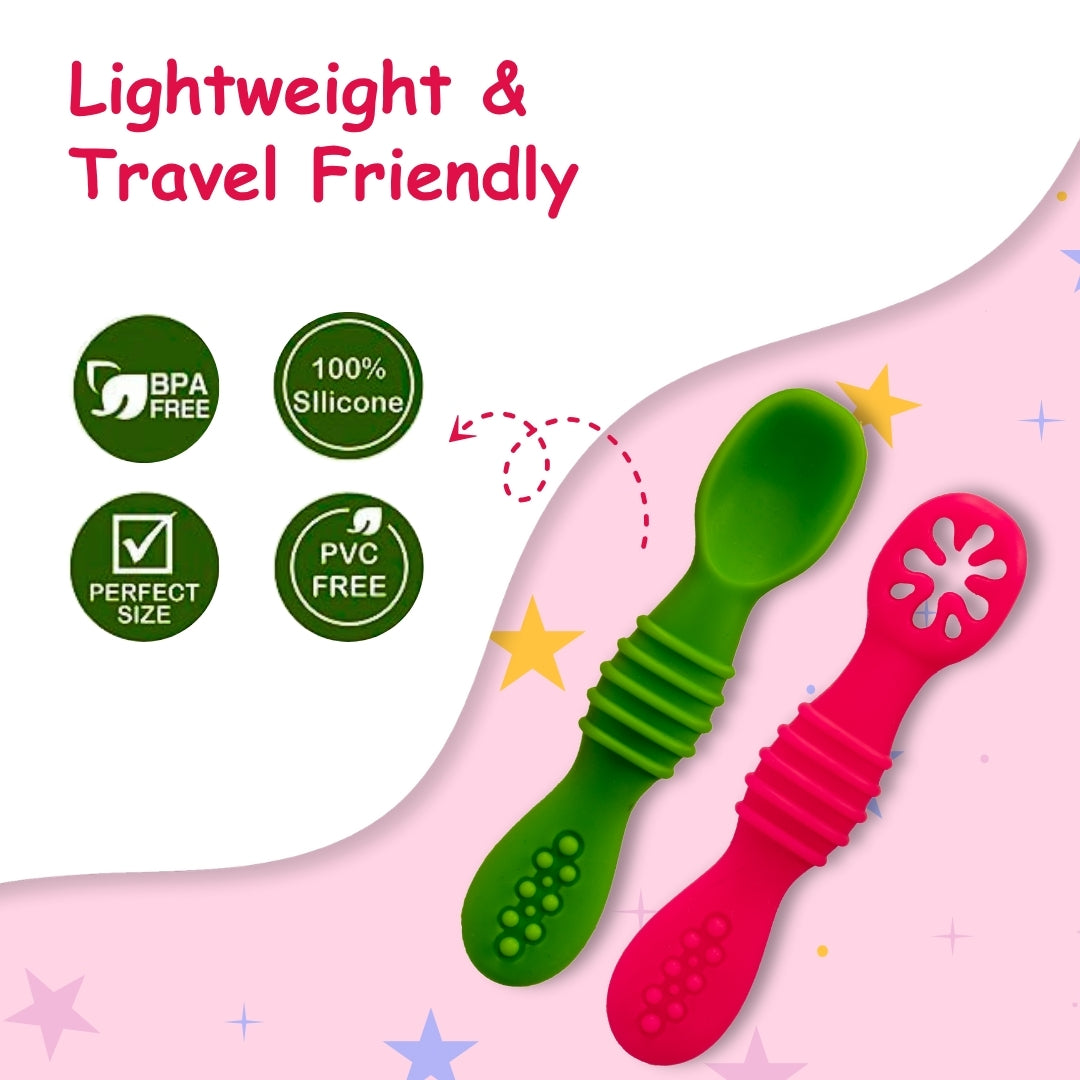 Adore SILICA - The Trainer Silicon Weaning Feeding Spoon Set- Pack of 2 (Pink + Green)