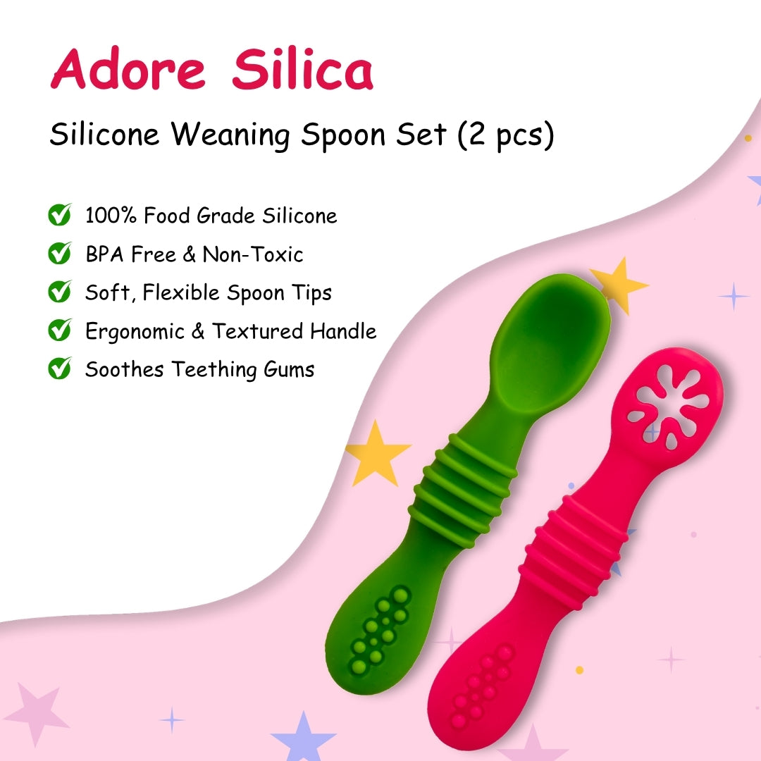 Adore SILICA - The Trainer Silicon Weaning Feeding Spoon Set- Pack of 2 (Pink + Green)