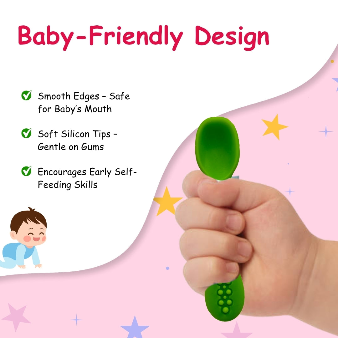 Adore SILICA - The Trainer Silicon Weaning Feeding Spoon Set- Pack of 2 (Pink + Green)