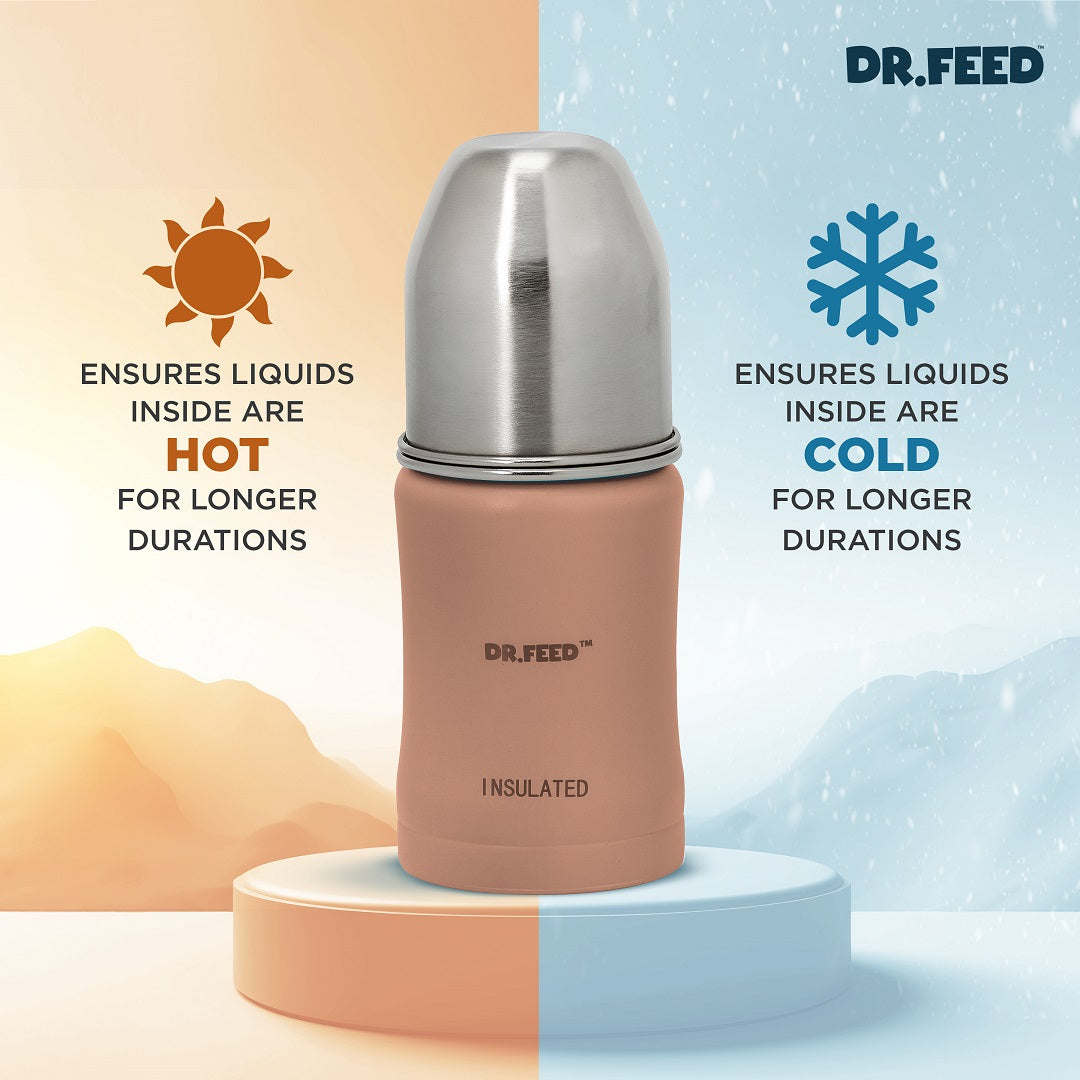 Adore Dr.Feed Majestique Insulated Thermos Hot/ Cold Stainless Steel Feeding Bottle with Anti-Colic Teat- D3- 180ml-Light Peach