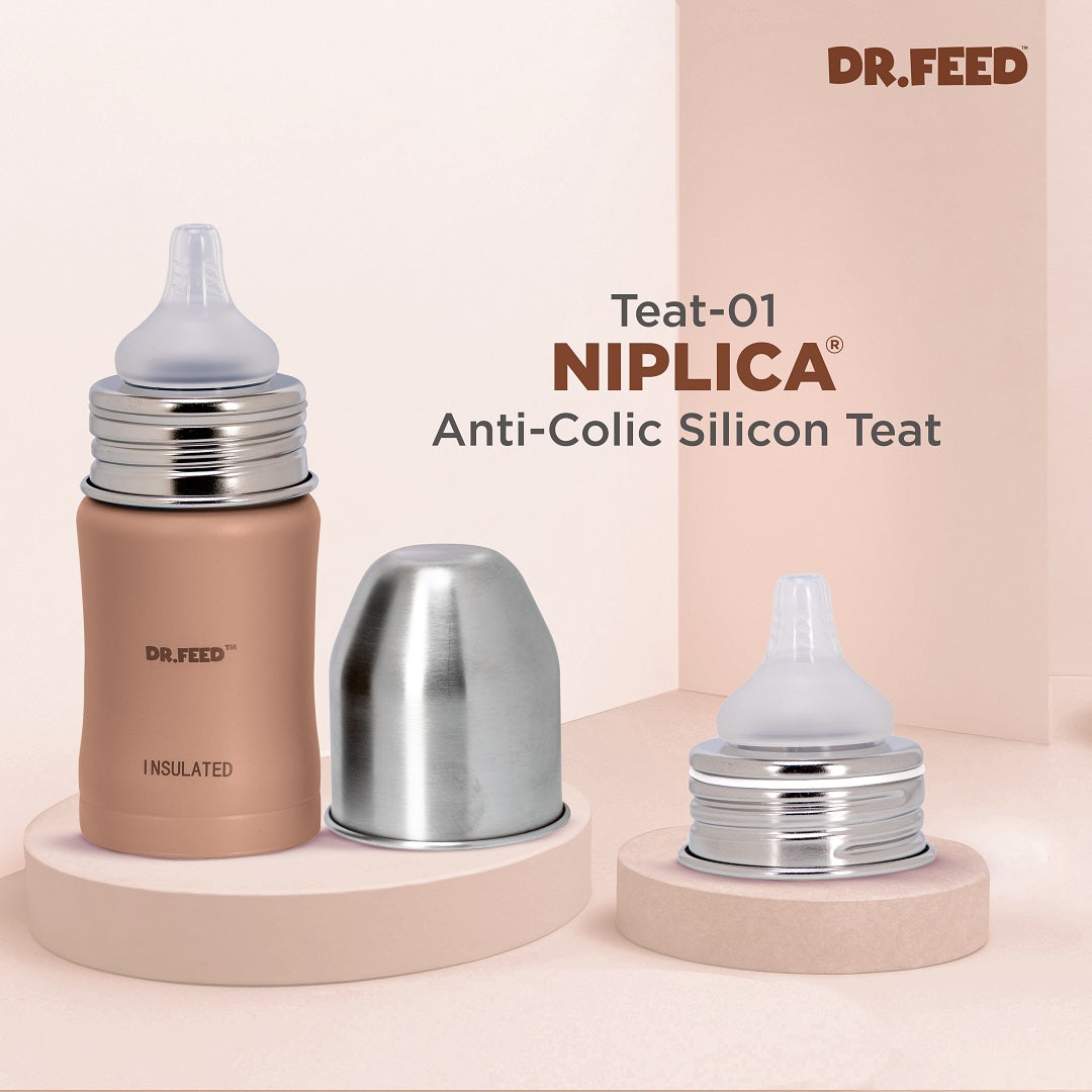 Adore Dr.Feed Majestique Insulated Thermos Hot/ Cold Stainless Steel Feeding Bottle with Anti-Colic Teat- D3- 180ml-Light Peach