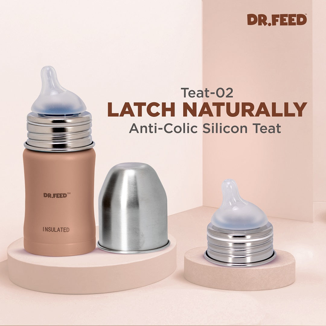 Adore Dr.Feed Majestique Insulated Thermos Hot/ Cold Stainless Steel Feeding Bottle with Anti-Colic Teat- D3- 180ml-Light Peach