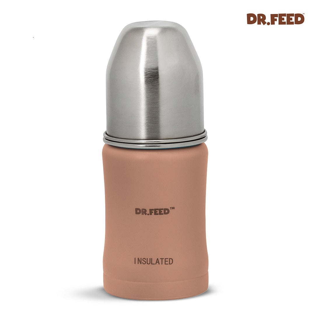 Adore Dr.Feed Majestique Insulated Thermos Hot/ Cold Stainless Steel Feeding Bottle with Anti-Colic Teat- D3- 180ml-Light Peach