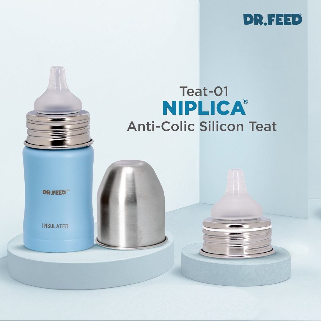 Adore Dr.Feed Majestique Insulated Thermos Hot/ Cold Stainless Steel Feeding Bottle with Anti-Colic Teat- D3- 180ml- Baby Blue