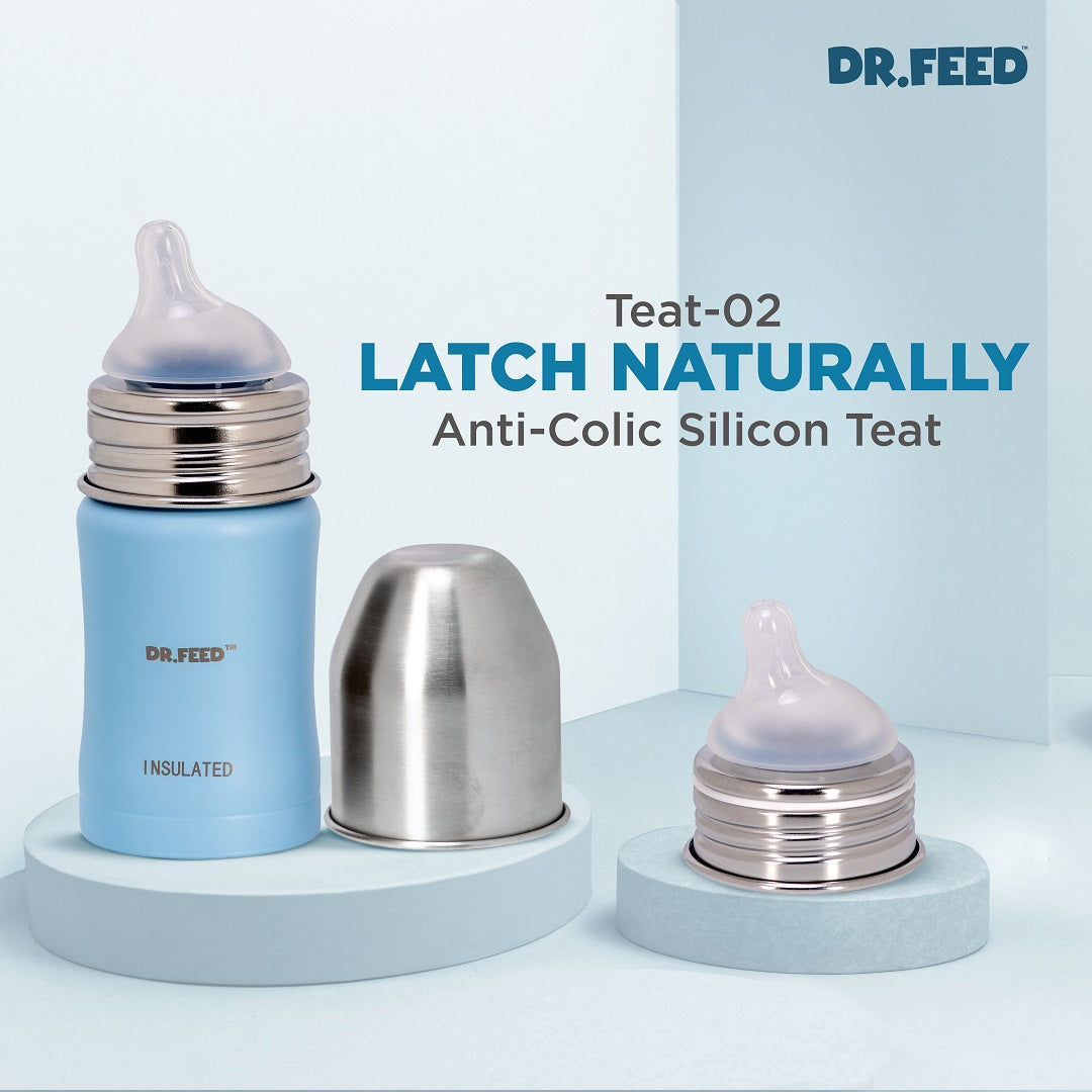 Adore Dr.Feed Majestique Insulated Thermos Hot/ Cold Stainless Steel Feeding Bottle with Anti-Colic Teat- D3- 180ml- Baby Blue