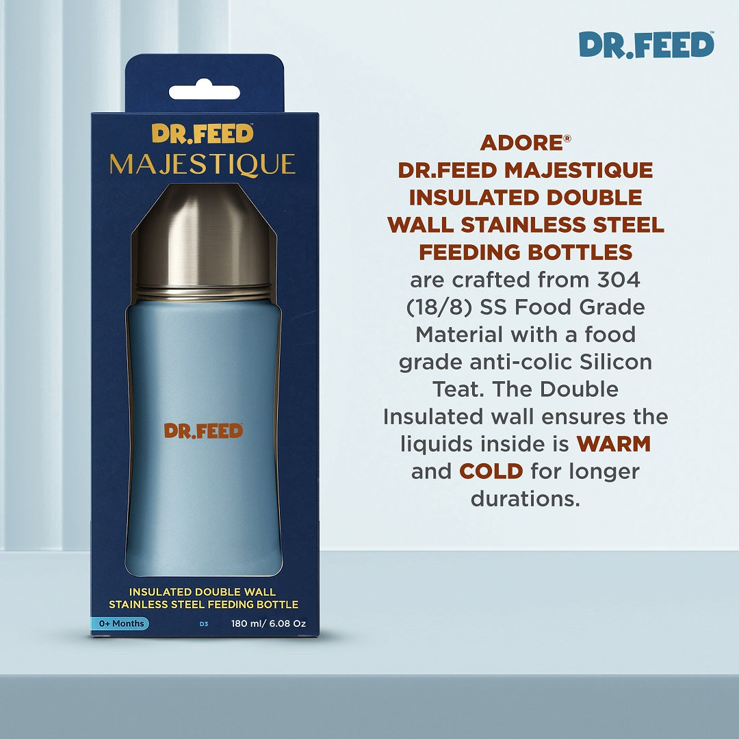 Adore Dr.Feed Majestique Insulated Thermos Hot/ Cold Stainless Steel Feeding Bottle with Anti-Colic Teat- D3- 180ml- Baby Blue