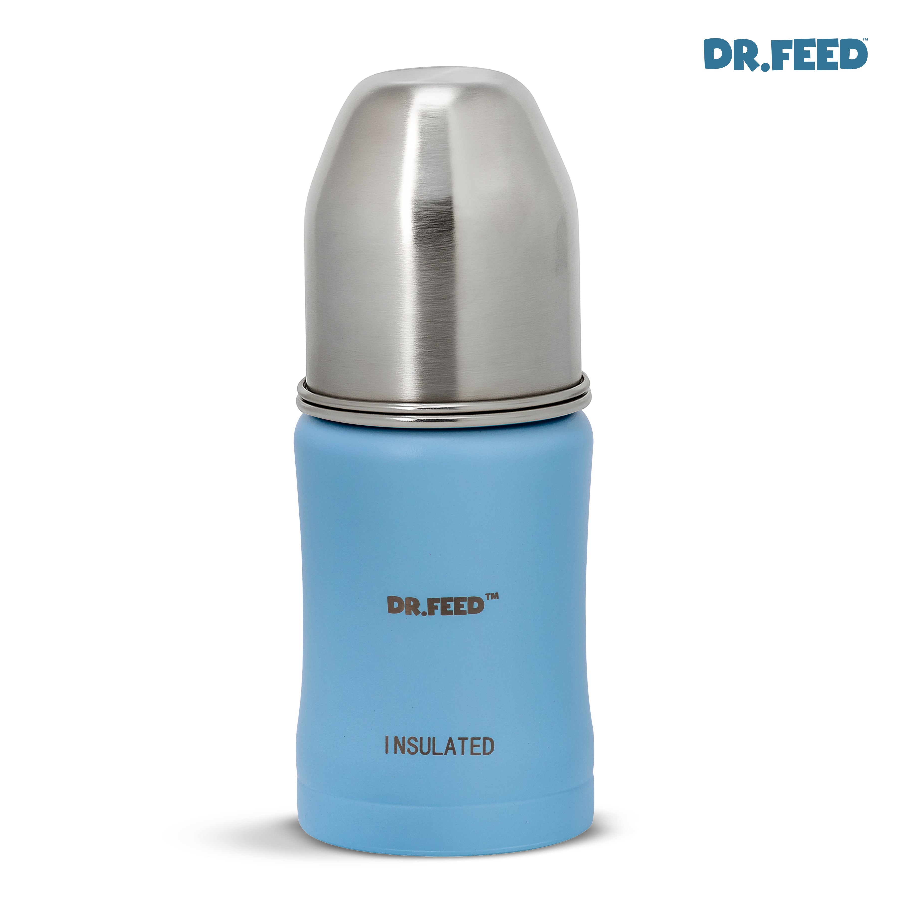 Adore Dr.Feed Majestique Insulated Thermos Hot/ Cold Stainless Steel Feeding Bottle with Anti-Colic Teat- D3- 180ml- Baby Blue