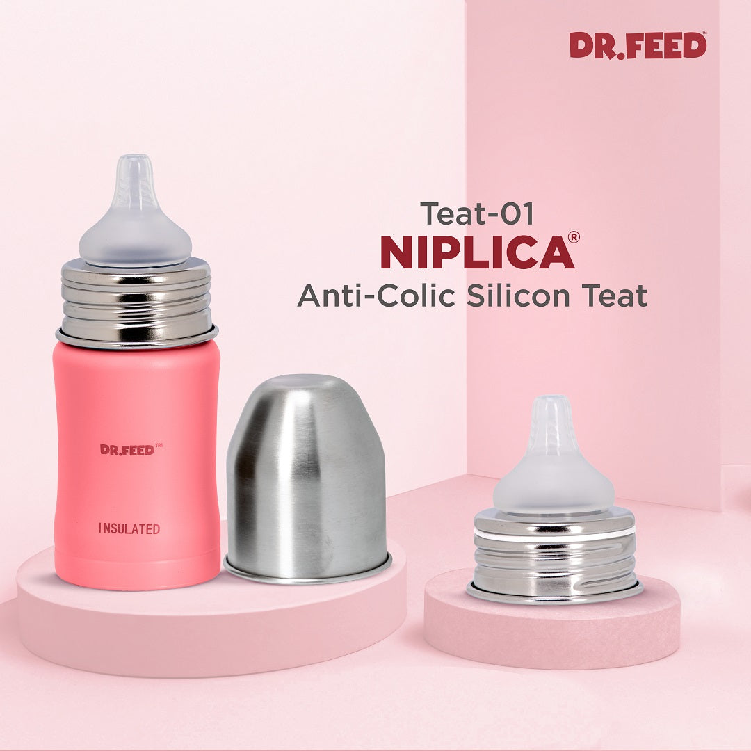 Adore Dr.Feed Majestique Insulated Thermos Hot/ Cold Stainless Steel Feeding Bottle with Anti-Colic Teat- D3- 180ml-Dark Pink