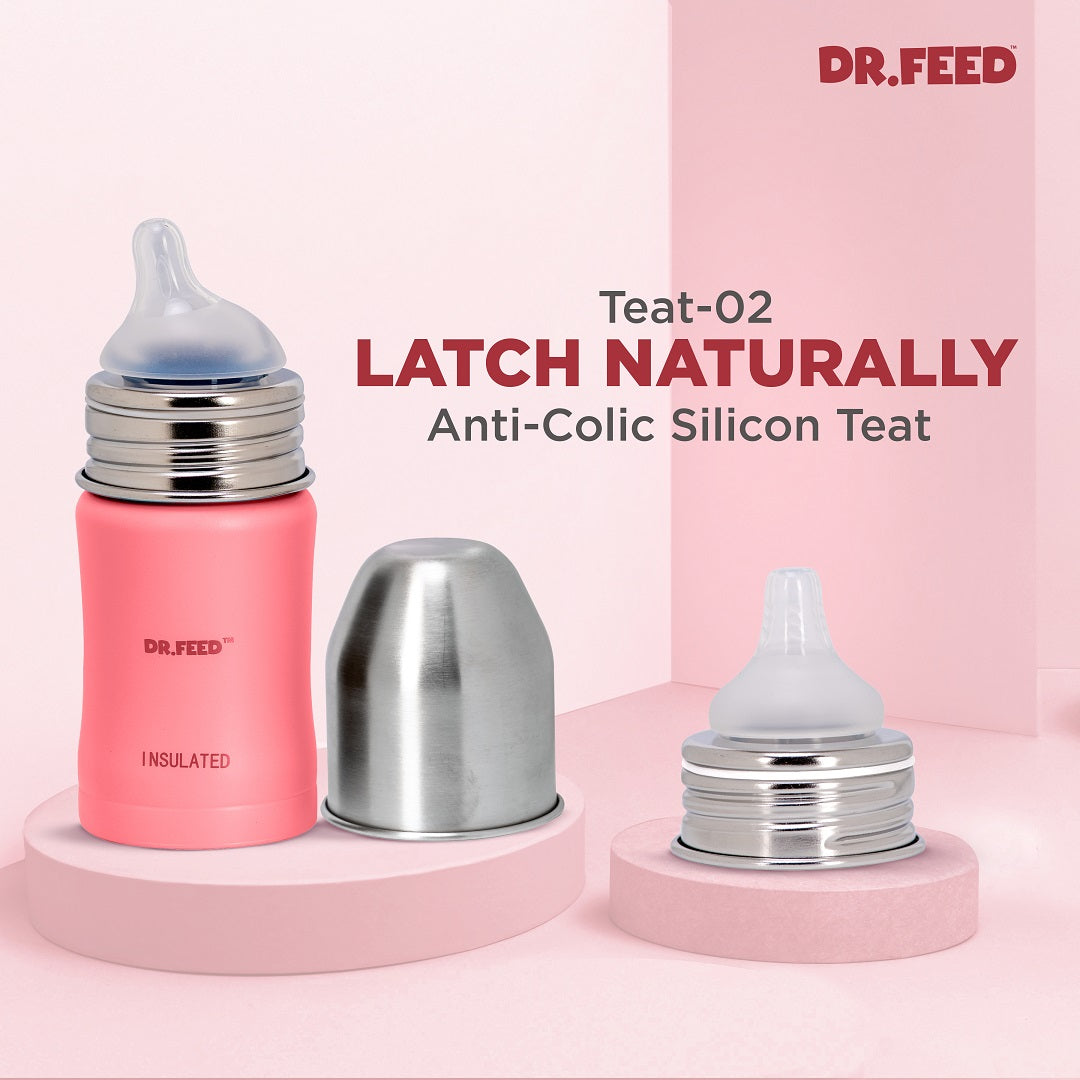 Adore Dr.Feed Majestique Insulated Thermos Hot/ Cold Stainless Steel Feeding Bottle with Anti-Colic Teat- D3- 180ml-Dark Pink