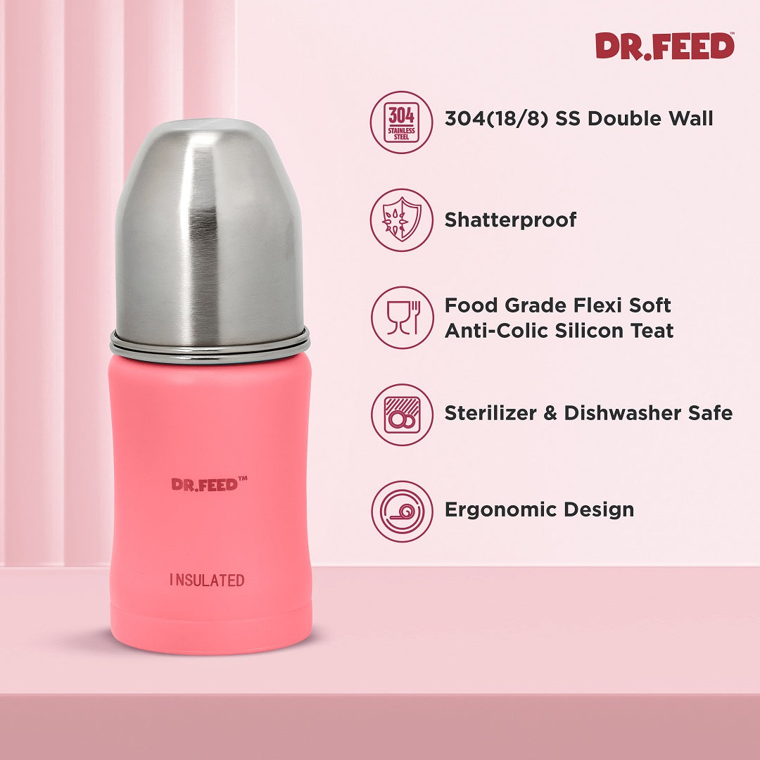 Adore Dr.Feed Majestique Insulated Thermos Hot/ Cold Stainless Steel Feeding Bottle with Anti-Colic Teat- D3- 180ml-Dark Pink