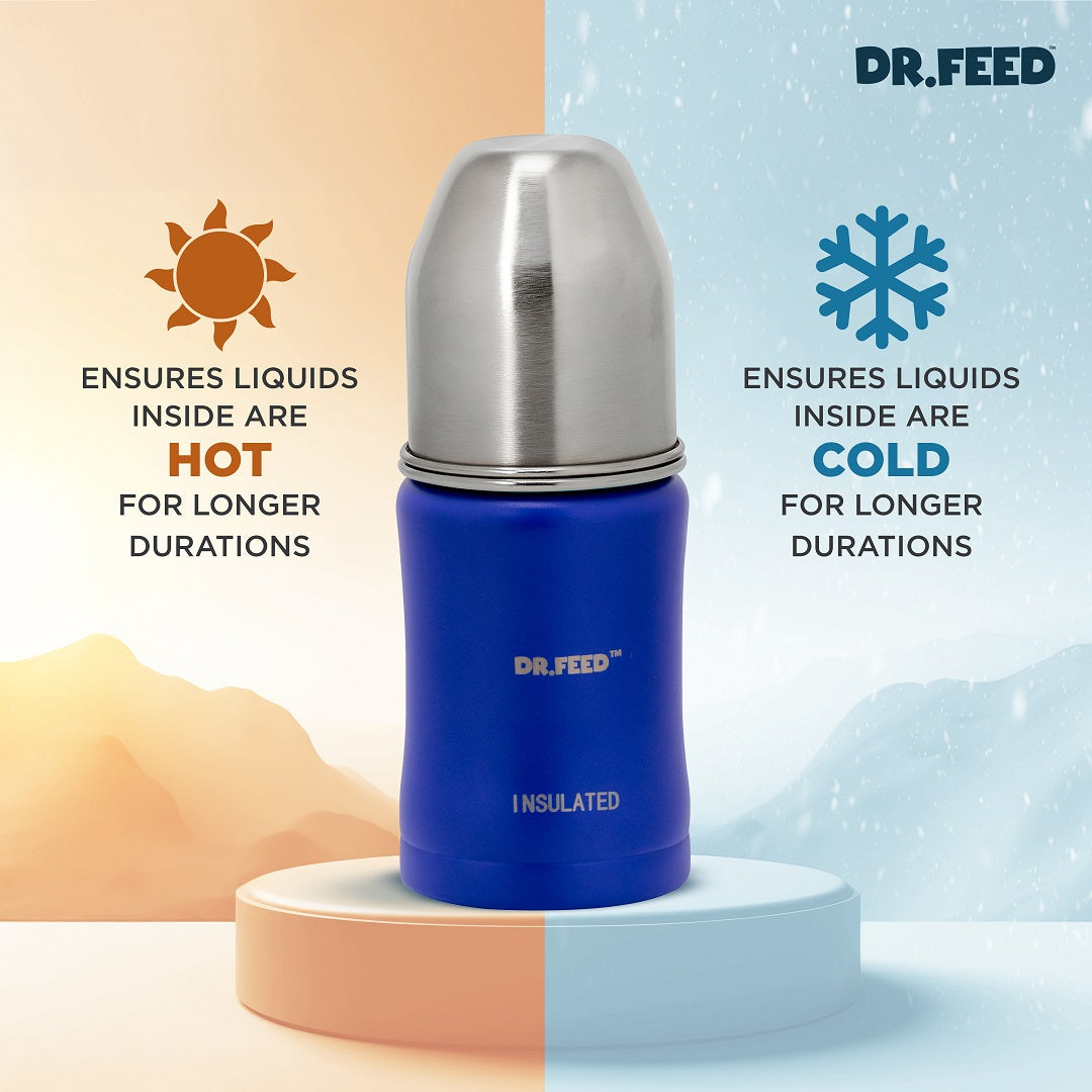 Adore Dr.Feed Majestique Insulated Thermos Hot/ Cold Stainless Steel Feeding Bottle with Anti-Colic Teat- D3- 180ml- Royal Blue