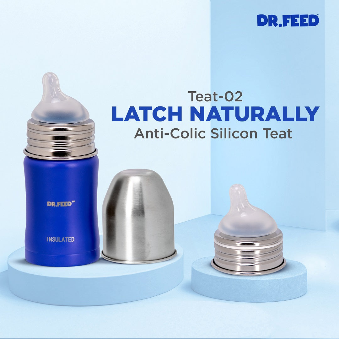 Adore Dr.Feed Majestique Insulated Thermos Hot/ Cold Stainless Steel Feeding Bottle with Anti-Colic Teat- D3- 180ml- Royal Blue