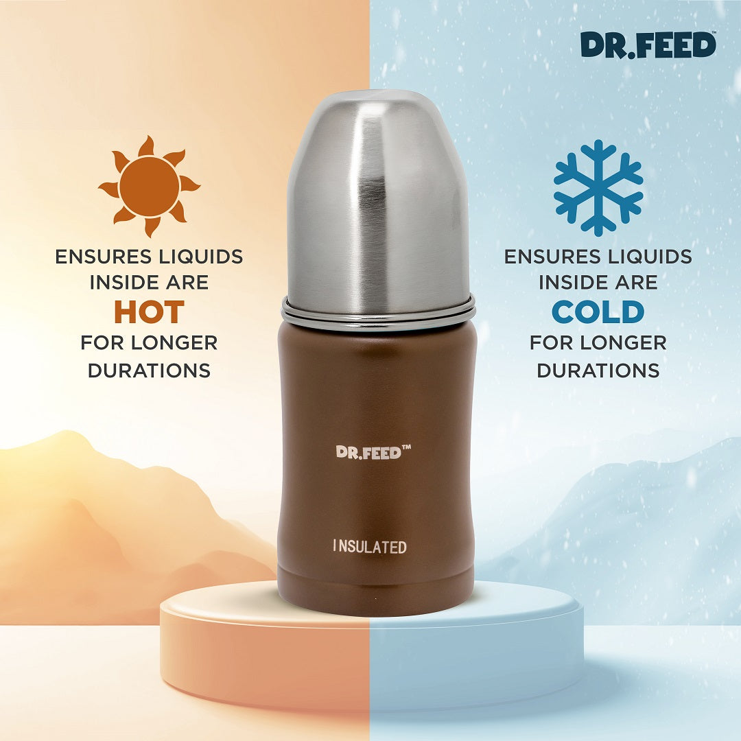 Adore Dr.Feed Majestique Insulated Thermos Hot/ Cold Stainless Steel Feeding Bottle with Anti-Colic Teat- D3- 180ml- Earthen Brown