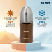 Adore Dr.Feed Majestique Insulated Thermos Hot/ Cold Stainless Steel Feeding Bottle with Anti-Colic Teat- D3- 180ml- Earthen Brown