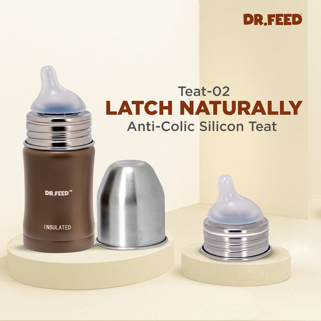 Adore Dr.Feed Majestique Insulated Thermos Hot/ Cold Stainless Steel Feeding Bottle with Anti-Colic Teat- D3- 180ml- Earthen Brown