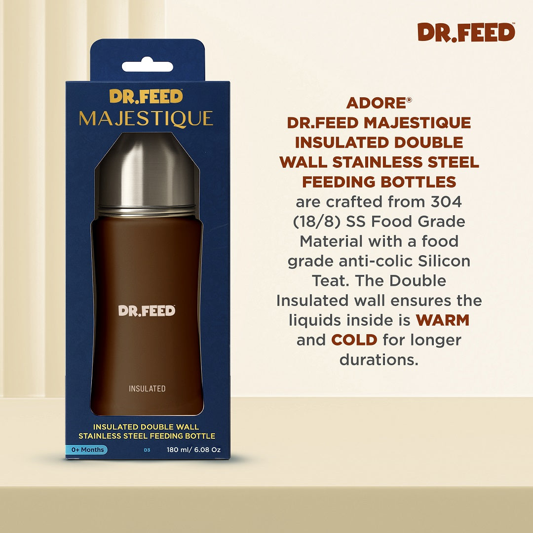 Adore Dr.Feed Majestique Insulated Thermos Hot/ Cold Stainless Steel Feeding Bottle with Anti-Colic Teat- D3- 180ml- Earthen Brown