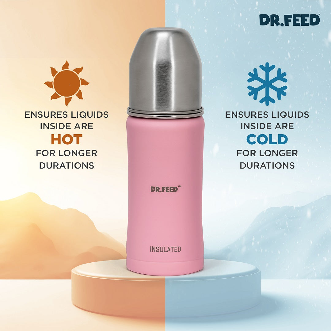 Adore Dr.Feed Majestique Insulated Thermos Hot/ Cold Stainless Steel Feeding Bottle with Anti-Colic Teat- D4- 270ml- Baby Pink
