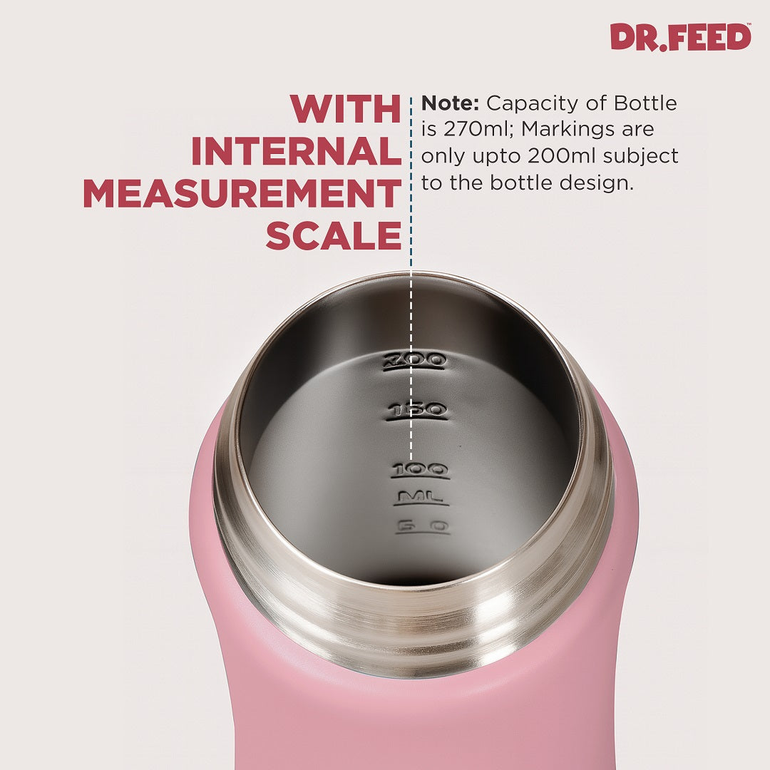 Adore Dr.Feed Majestique Insulated Thermos Hot/ Cold Stainless Steel Feeding Bottle with Anti-Colic Teat- D4- 270ml- Baby Pink