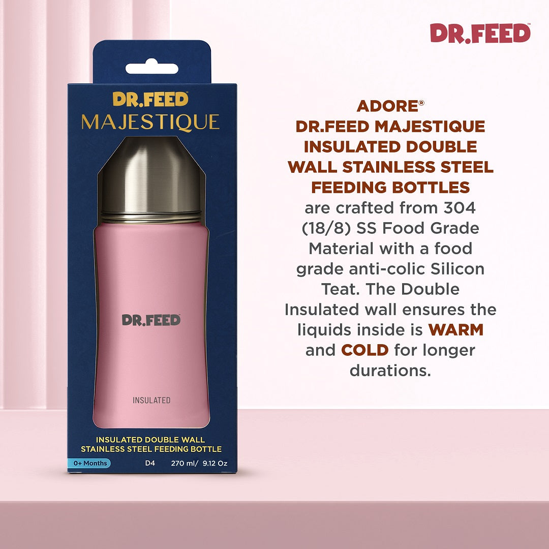 Adore Dr.Feed Majestique Insulated Thermos Hot/ Cold Stainless Steel Feeding Bottle with Anti-Colic Teat- D4- 270ml- Baby Pink