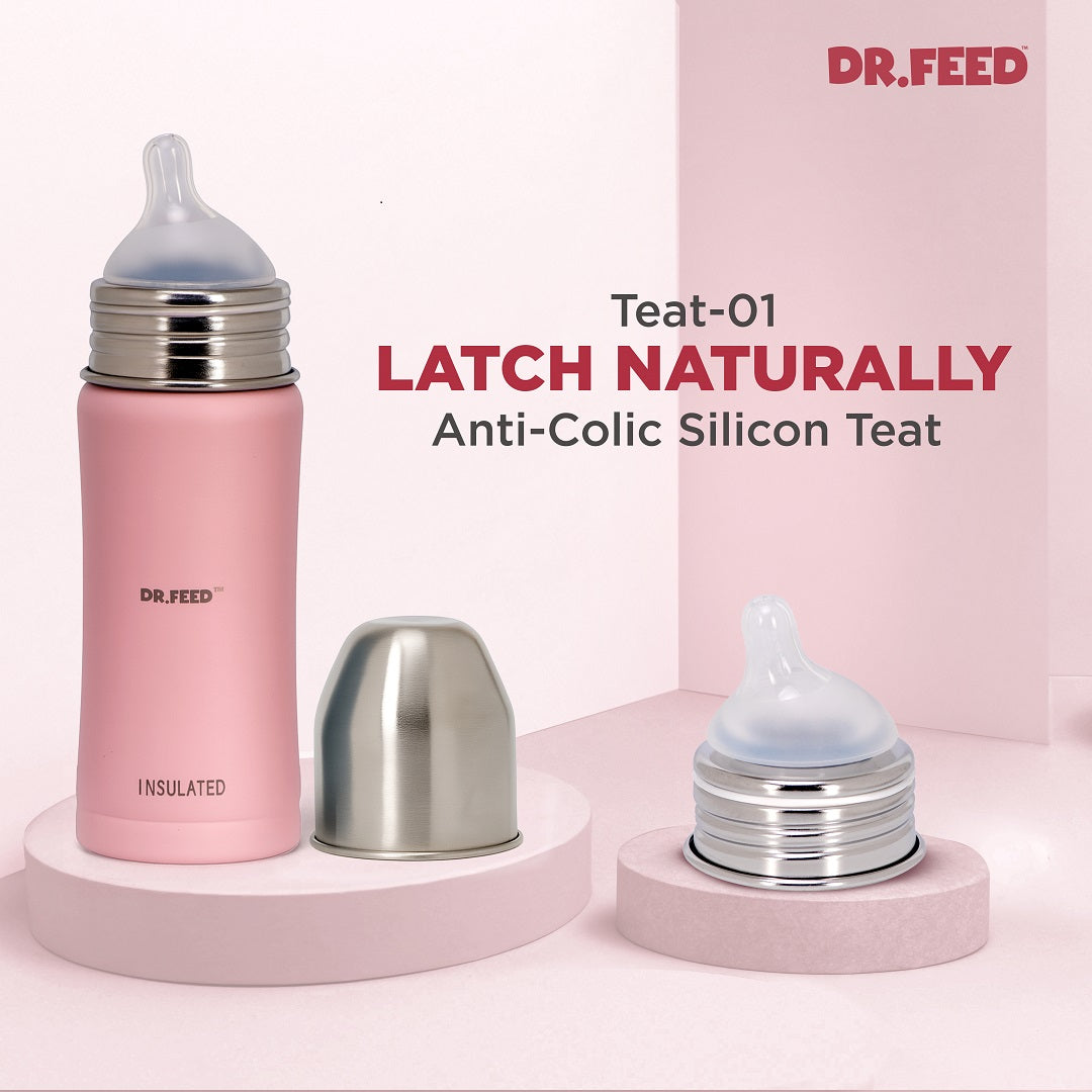 Adore Dr.Feed Majestique Insulated Thermos Hot/ Cold Stainless Steel Feeding Bottle with Anti-Colic Teat- D4- 270ml- Baby Pink