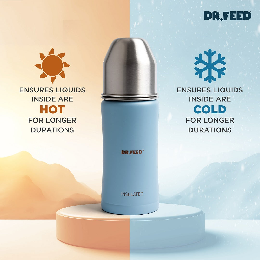 Adore Dr.Feed Majestique Insulated Thermos Hot/ Cold Stainless Steel Feeding Bottle with Anti-Colic Teat- D4- 270ml- Baby Blue