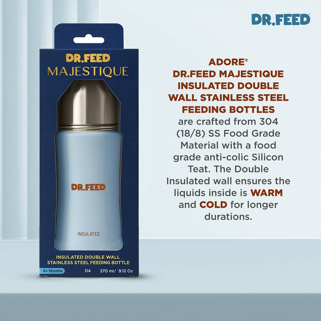 Adore Dr.Feed Majestique Insulated Thermos Hot/ Cold Stainless Steel Feeding Bottle with Anti-Colic Teat- D4- 270ml- Baby Blue