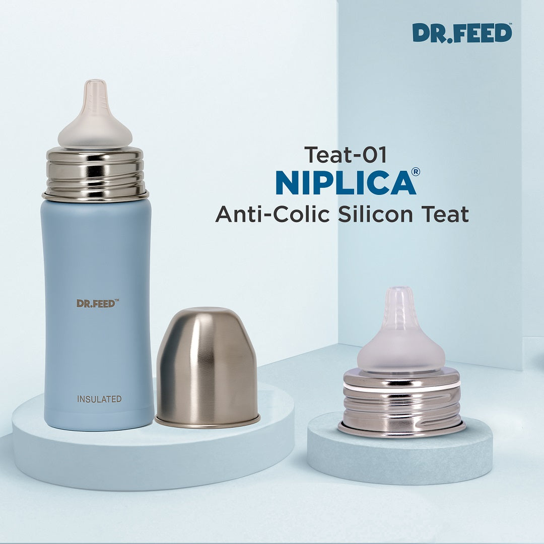 Adore Dr.Feed Majestique Insulated Thermos Hot/ Cold Stainless Steel Feeding Bottle with Anti-Colic Teat- D4- 270ml- Baby Blue