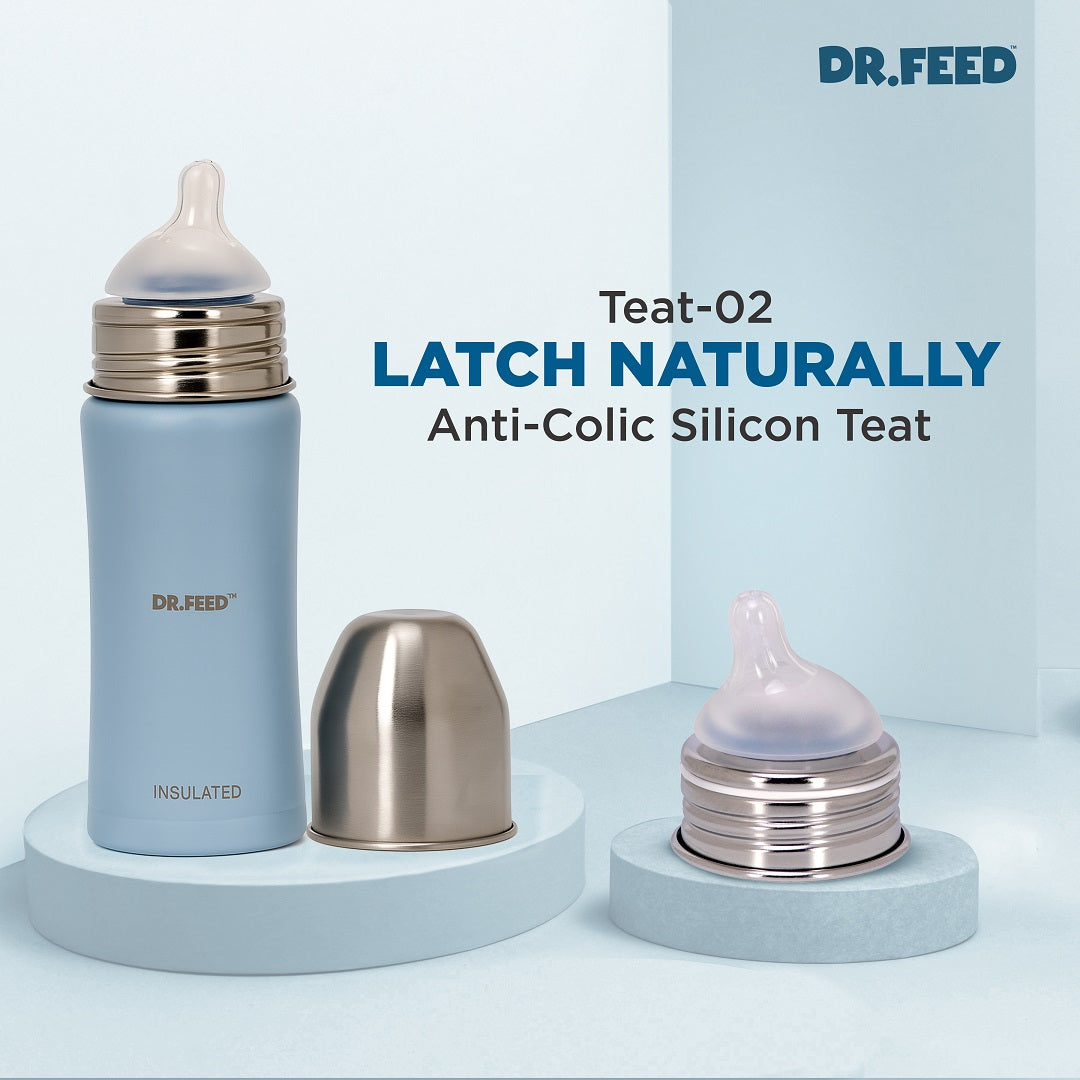 Adore Dr.Feed Majestique Insulated Thermos Hot/ Cold Stainless Steel Feeding Bottle with Anti-Colic Teat- D4- 270ml- Baby Blue