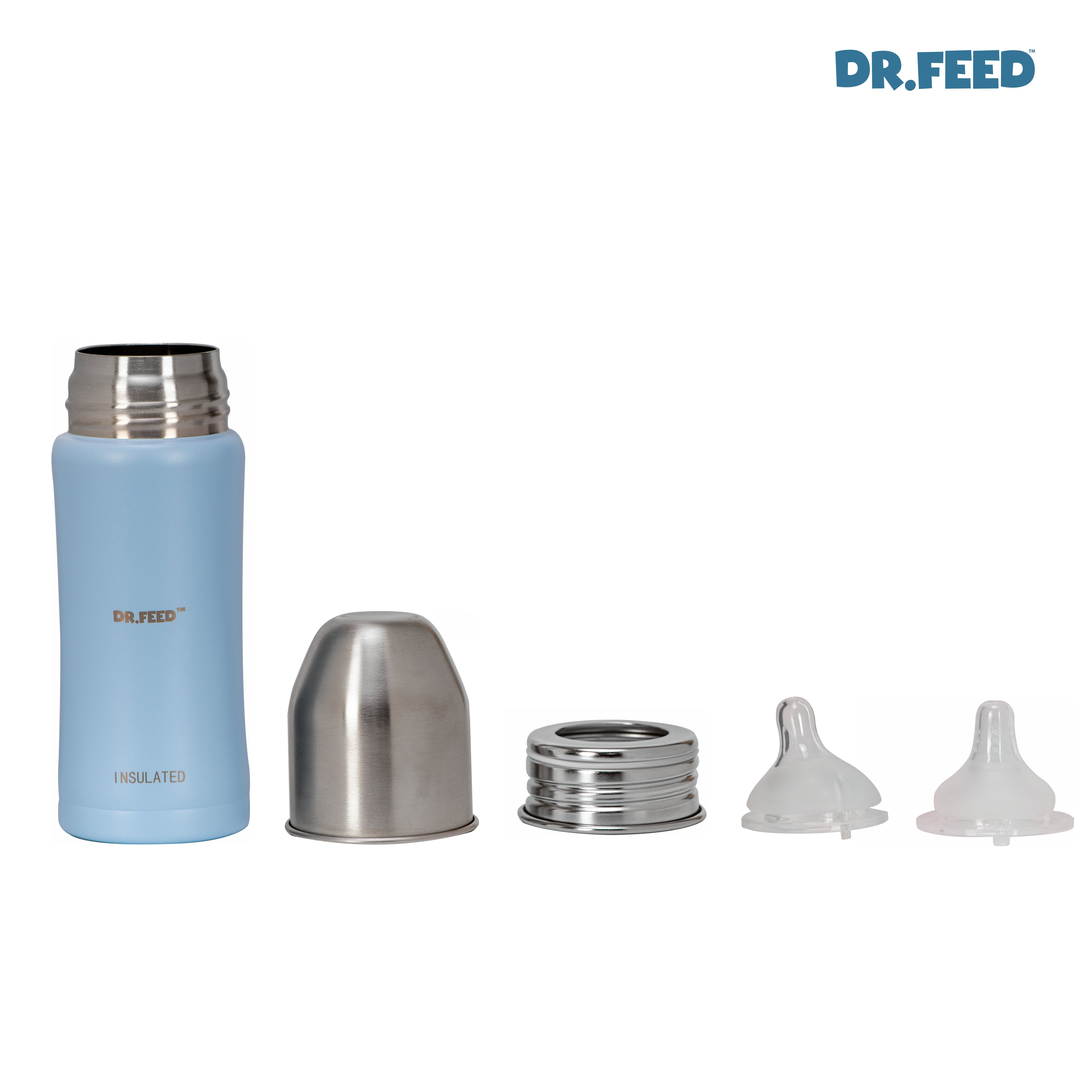 Adore Dr.Feed Majestique Insulated Thermos Hot/ Cold Stainless Steel Feeding Bottle with Anti-Colic Teat- D4- 270ml- Baby Blue