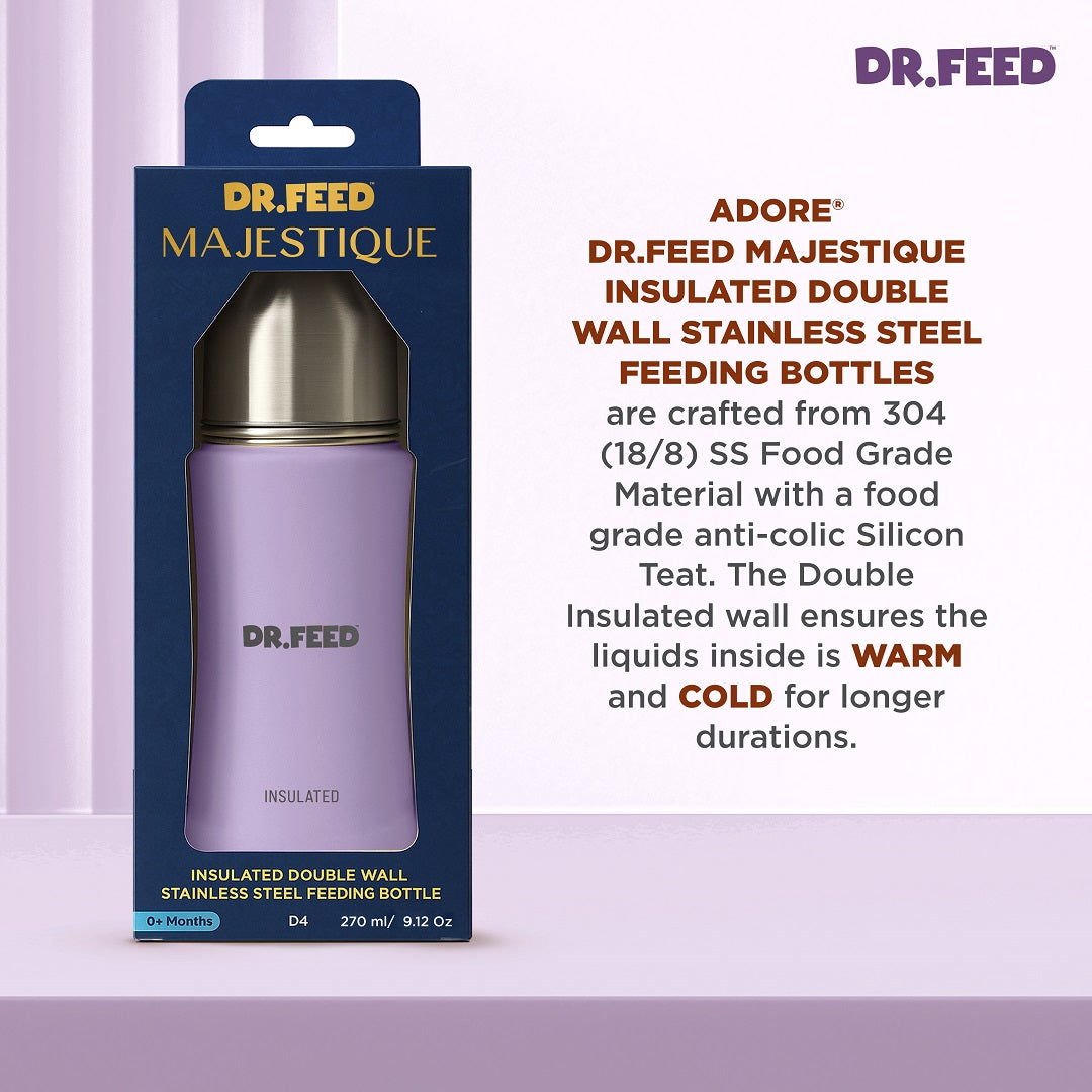 Adore Dr.Feed Majestique Insulated Thermos Hot/ Cold Stainless Steel Feeding Bottle with Anti-Colic Teat- D4- 270ml - Lovely Lilac