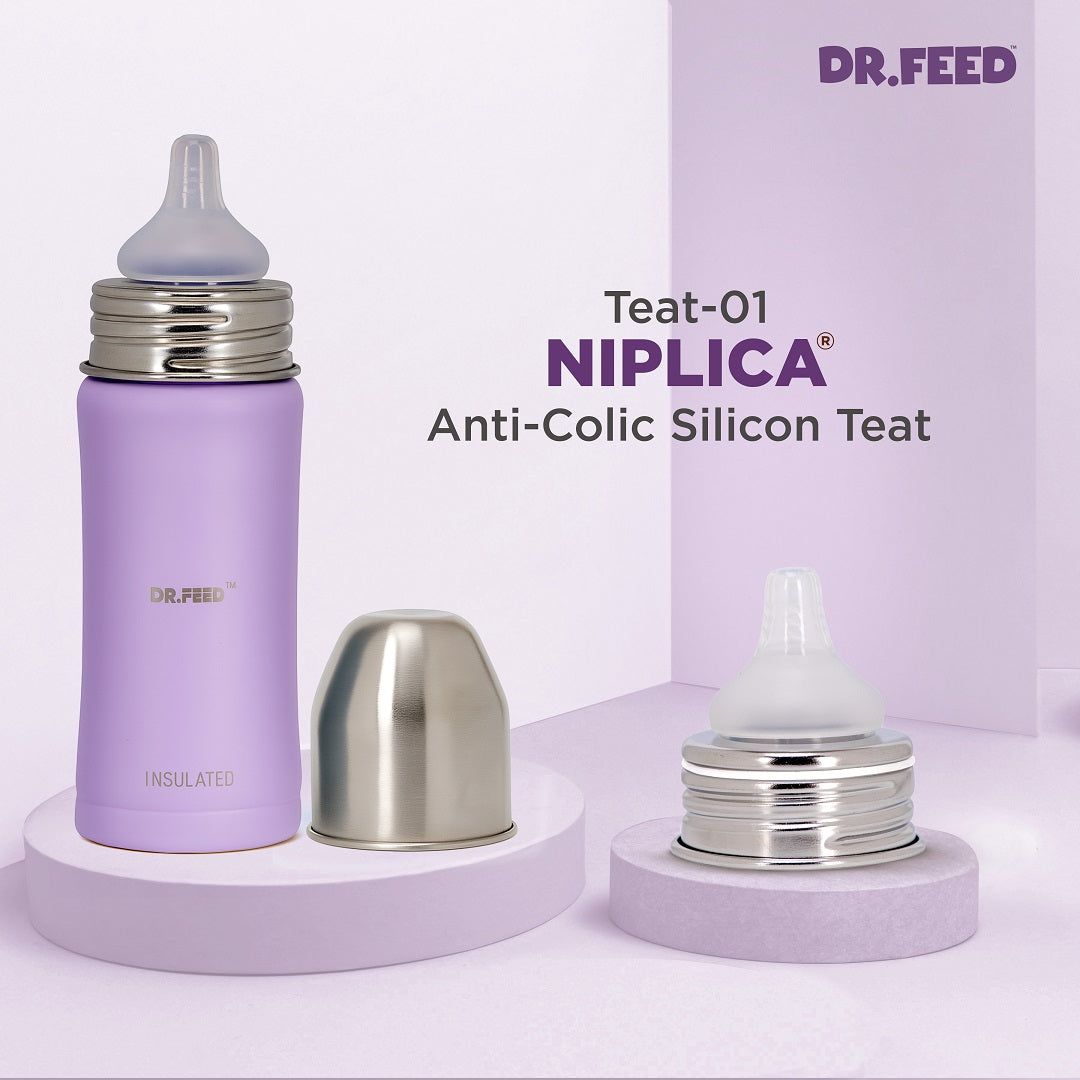 Adore Dr.Feed Majestique Insulated Thermos Hot/ Cold Stainless Steel Feeding Bottle with Anti-Colic Teat- D4- 270ml - Lovely Lilac