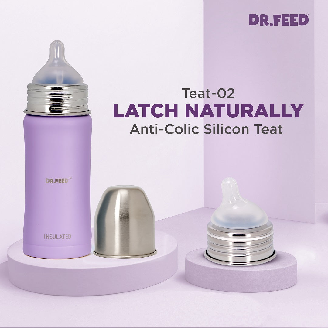 Adore Dr.Feed Majestique Insulated Thermos Hot/ Cold Stainless Steel Feeding Bottle with Anti-Colic Teat- D4- 270ml - Lovely Lilac