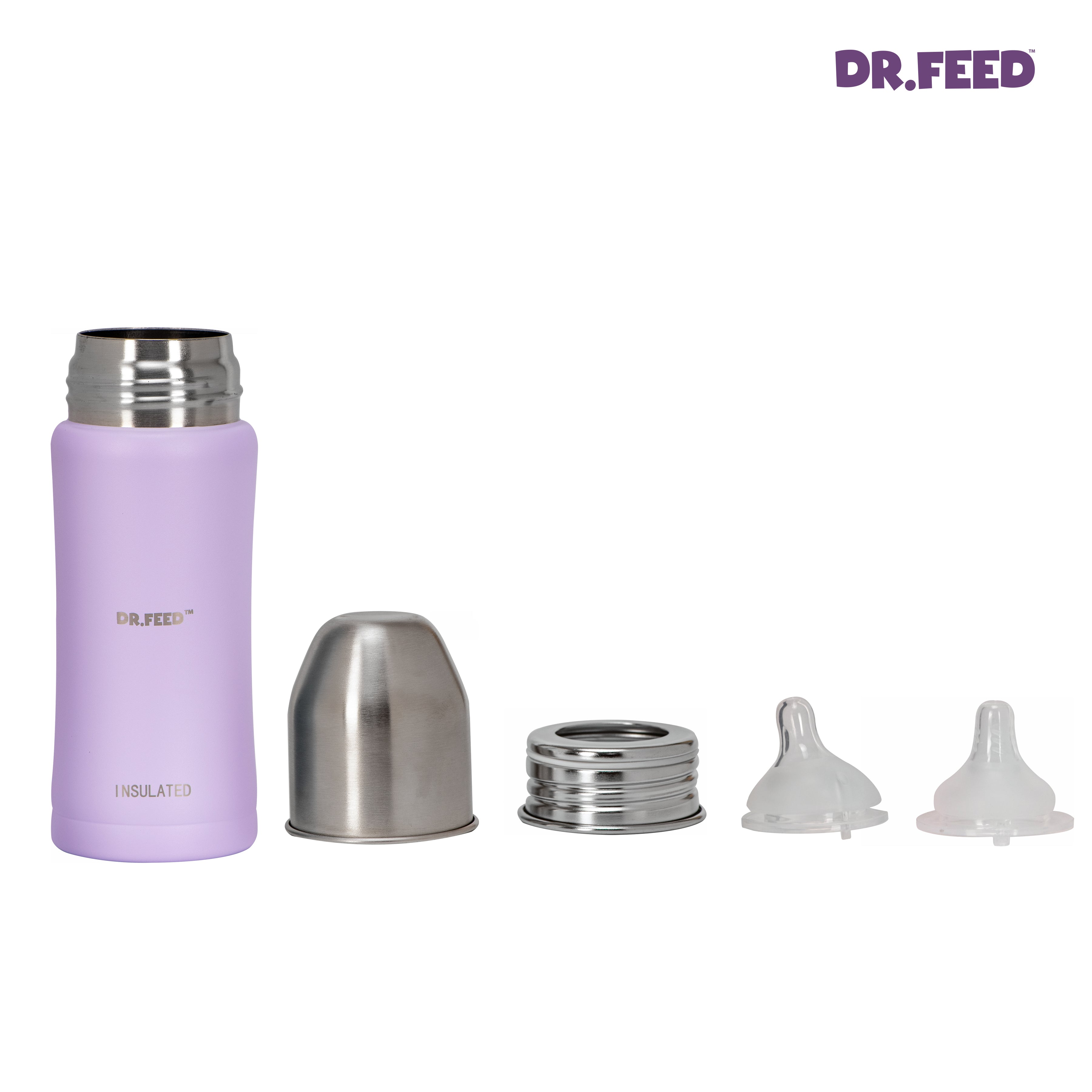 Adore Dr.Feed Majestique Insulated Thermos Hot/ Cold Stainless Steel Feeding Bottle with Anti-Colic Teat- D4- 270ml - Lovely Lilac