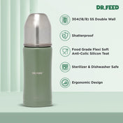 Adore Dr.Feed Majestique Insulated Thermos Hot/ Cold Stainless Steel Feeding Bottle with Anti-Colic Teat- D4- 270ml - Drab Green