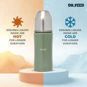 Adore Dr.Feed Majestique Insulated Thermos Hot/ Cold Stainless Steel Feeding Bottle with Anti-Colic Teat- D4- 270ml - Drab Green