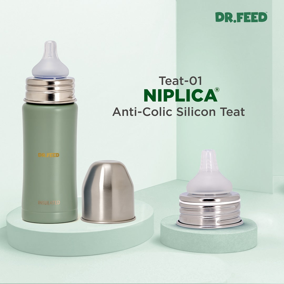 Adore Dr.Feed Majestique Insulated Thermos Hot/ Cold Stainless Steel Feeding Bottle with Anti-Colic Teat- D4- 270ml - Drab Green