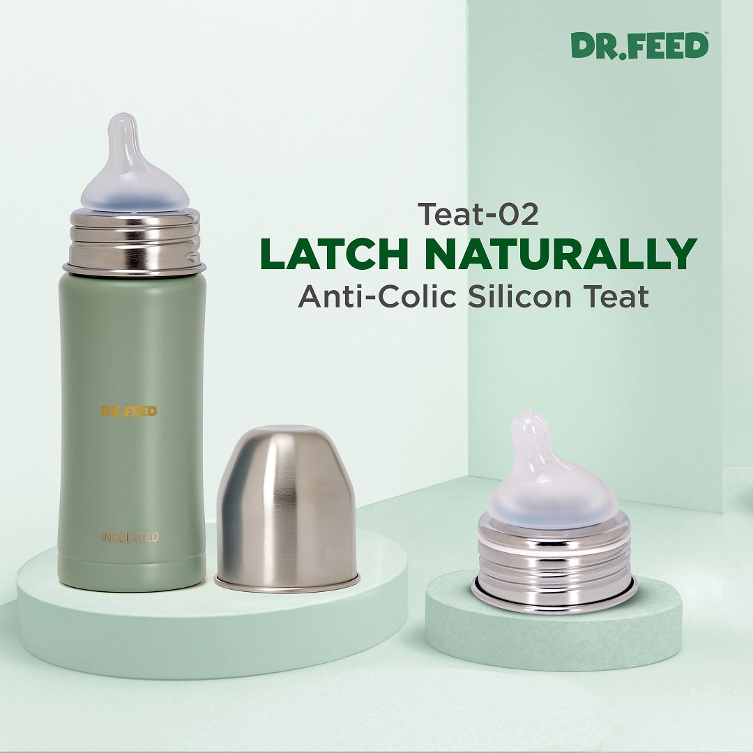 Adore Dr.Feed Majestique Insulated Thermos Hot/ Cold Stainless Steel Feeding Bottle with Anti-Colic Teat- D4- 270ml - Drab Green