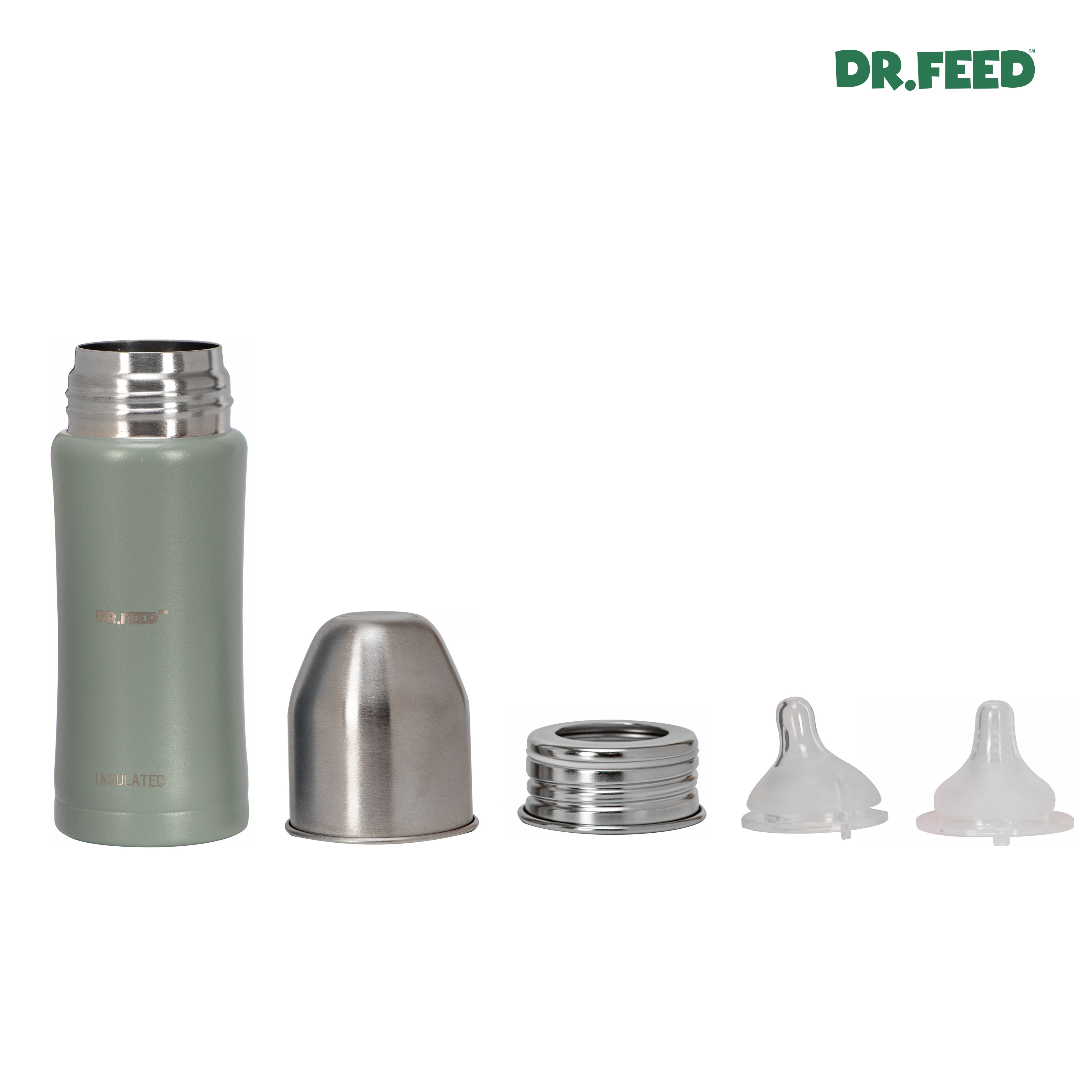 Adore Dr.Feed Majestique Insulated Thermos Hot/ Cold Stainless Steel Feeding Bottle with Anti-Colic Teat- D4- 270ml - Drab Green