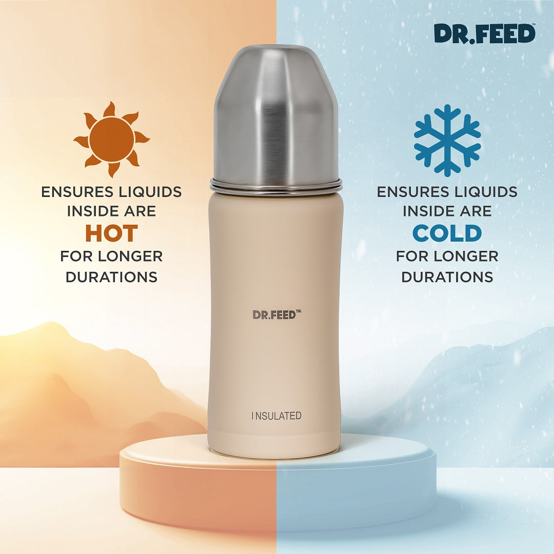 Adore Dr.Feed Majestique Insulated Thermos Hot/ Cold Stainless Steel Feeding Bottle with Anti-Colic Teat- D4- 270ml - Parchment Beige
