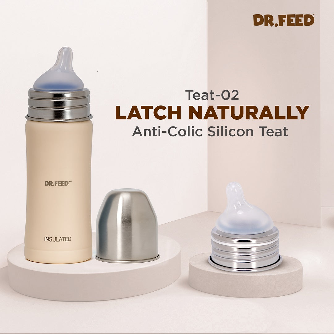 Adore Dr.Feed Majestique Insulated Thermos Hot/ Cold Stainless Steel Feeding Bottle with Anti-Colic Teat- D4- 270ml - Parchment Beige