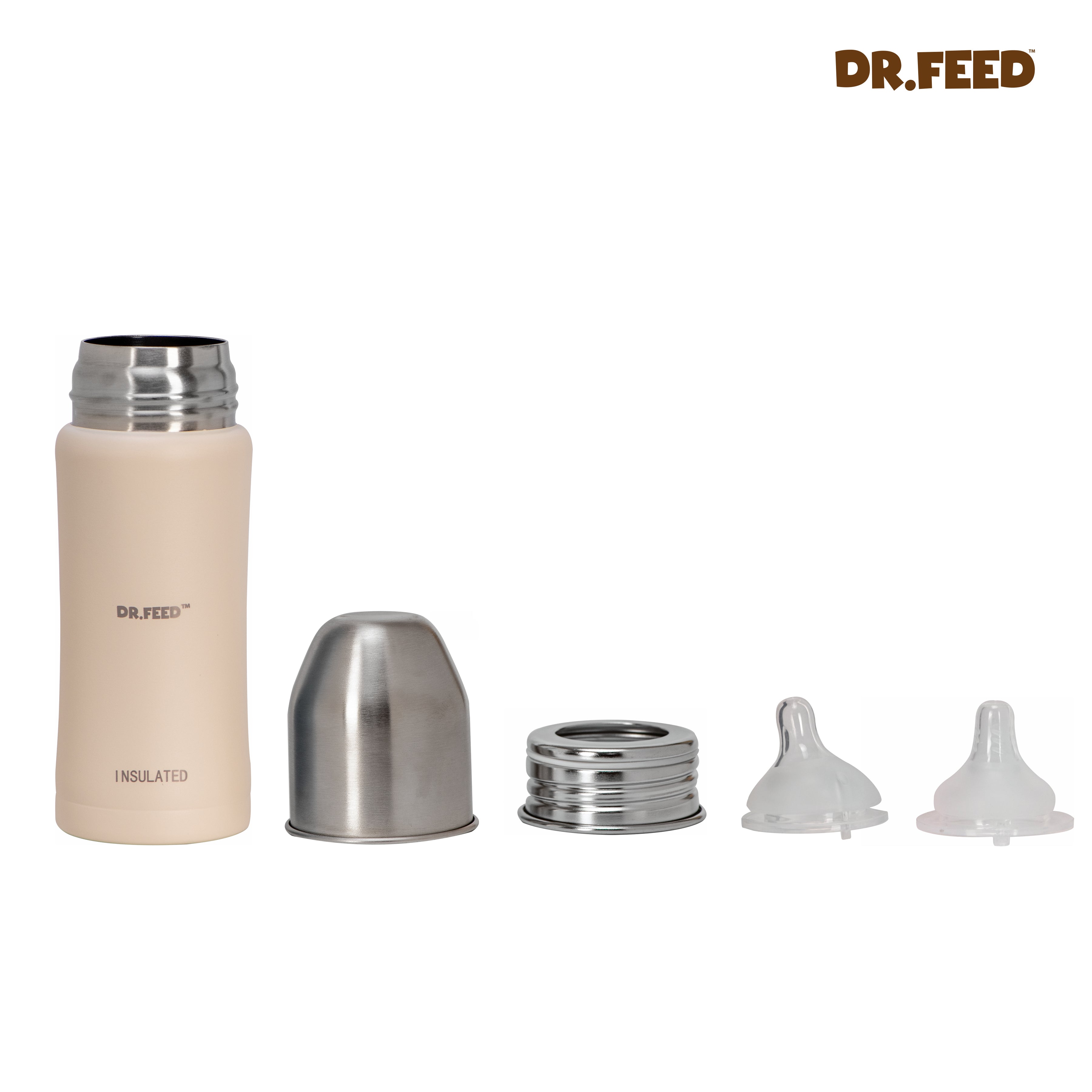 Adore Dr.Feed Majestique Insulated Thermos Hot/ Cold Stainless Steel Feeding Bottle with Anti-Colic Teat- D4- 270ml - Parchment Beige